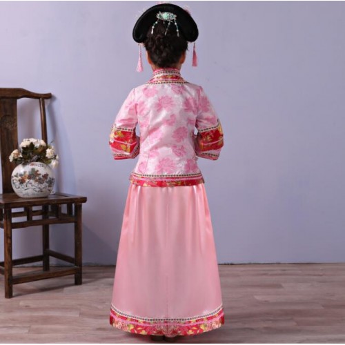 kids girls chinese folk dance dresses qing dynasty court empress queen stage performance photos drama cosplay costumes 
